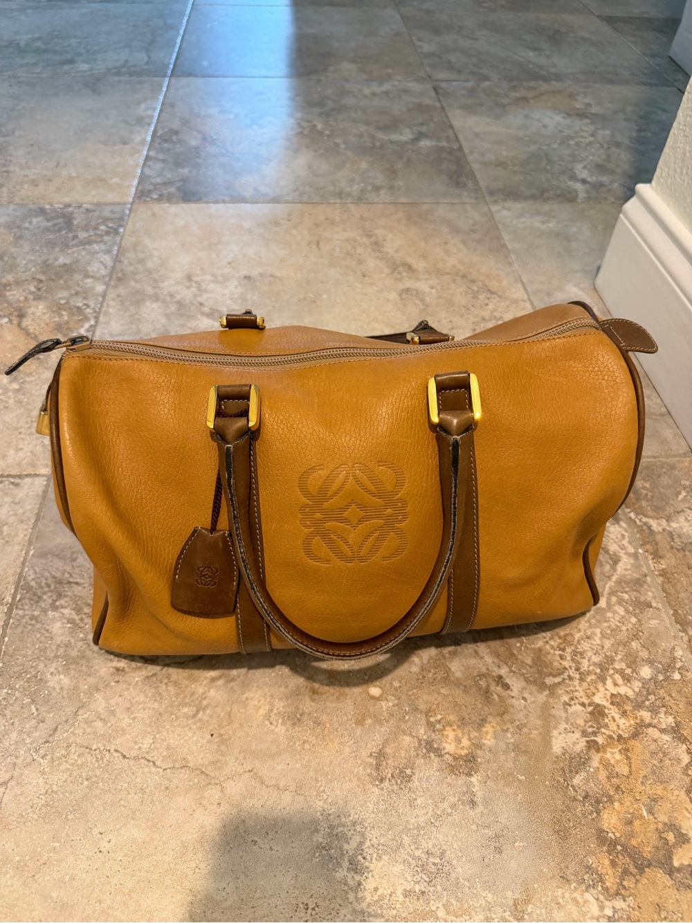 Loewe Caramel Tan Leather Duffel with Dark Brown Trim